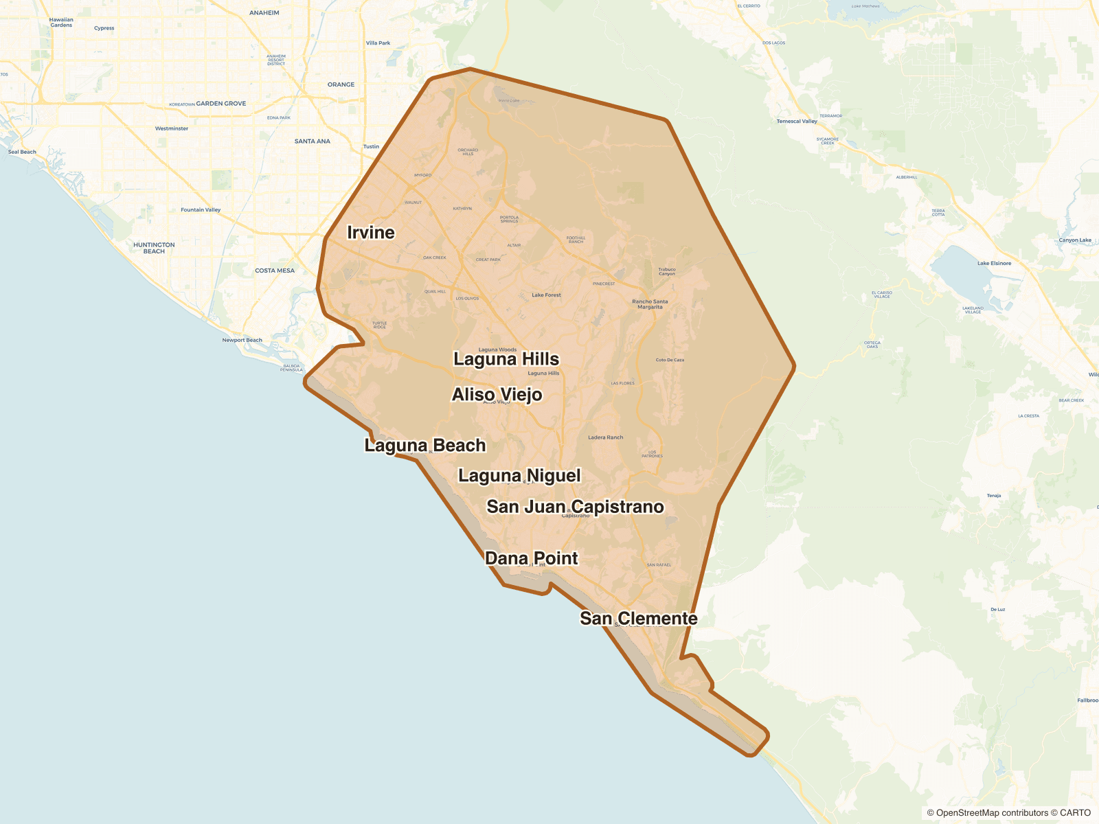 Map of our delivery service area across South Orange County